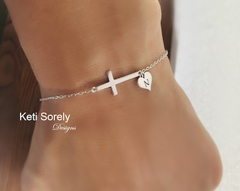 Solid Gold: 10K, 14K, 18K, Personalized Bracelet or Anklet for Woman or Child, Sideways Cross Bracelet with Engraved Initial on Heart