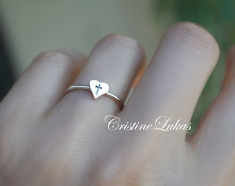 Mini Stacking Heart Ring With Cross,  Dainty Ring in Sterling Silver, Religious Ring for Kid or Adults.