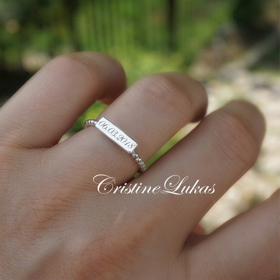 Stackable Bar Ring With Rope Band Engraved Name Dainty Ring in