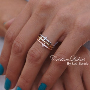 Final Sale! Mini Sideways Cross Ring with CZ Stores in Yellow, Rose & White Gold, Woman or Girl Faith Inspiration Gift.