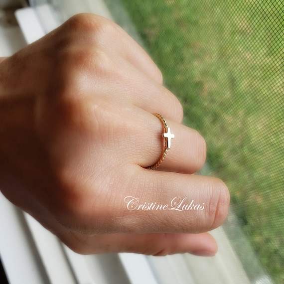 Solid 10K, 14K or 18K Gold-sideways Cross Ring in Yellow, Rose or