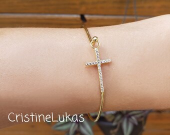 Sideways Cross bangle Bracelet in Gold Over Sterling Silver, Horizontal Cross Bracelet, Religious Gift For Girl or Woman, Faith Gift.