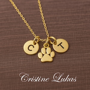 Solid Gold Paw Print Necklace With Engraved Initials Charm, Mini Dog&#39;s Paw, Pet Lover&#39;s Necklace in 10K, 14K or 18K Gold