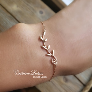 10K, 14K or 18K Solid Gold Olive Branch Bracelet Or Anklet - Sideways Leaf - Yellow Gold, Rose Gold or White Gold