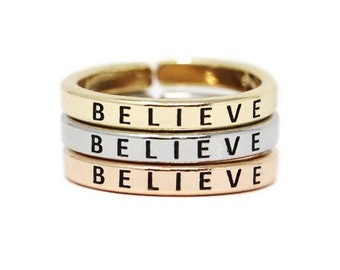 Stacking Ring "Believe" in Yellow, Rose & White Gold Color, Engraved Bands in Tri Gold Color - Adjustable Rings