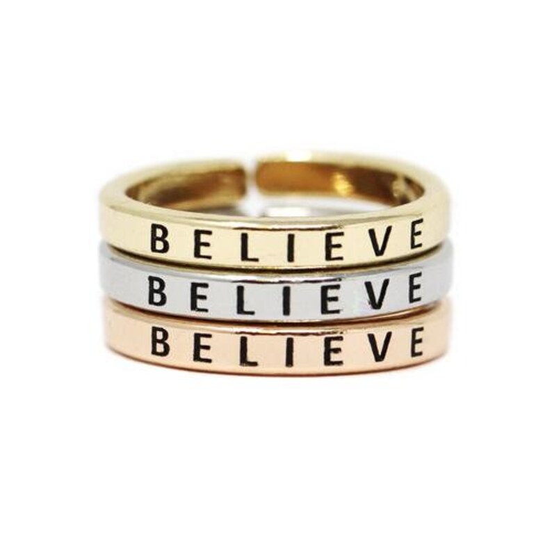 Stacking Ring Believe in Yellow, Rose & White Gold Color, Engraved Bands in Tri Gold Color Adjustable Rings image 1