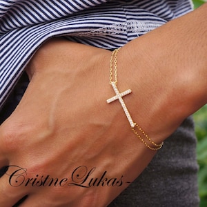 Sideways Cross Bracelet with Cubic Zirconia Stones & Double Chain in Sterling Silver, Rose or Yellow Gold, Religious Bracelet, Adjustable