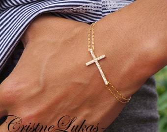 Sideways Cross Bracelet with Cubic Zirconia Stones & Double Chain in Sterling Silver, Rose or Yellow Gold, Religious Bracelet, Adjustable