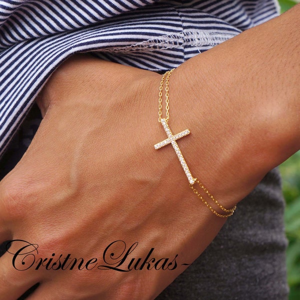 Sideways Cross Bracelet with Cubic Zirconia Stones & Double Chain in Sterling Silver, Rose or Yellow Gold, Religious Bracelet, Adjustable