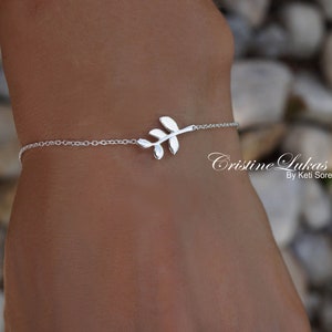 10K,  14K or 18K Solid Gold Small Tree Leaf Bracelet or anklet, Olive Tree Branch Bracelet in Yellow, White or Rose Gold