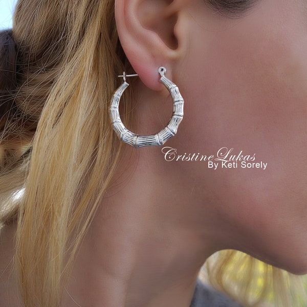 Bamboo Hoop Earrings - Celebrity Style Old School Hoops For Kids or Adult - Sterling Silver, Yellow Gold or Rose Gold