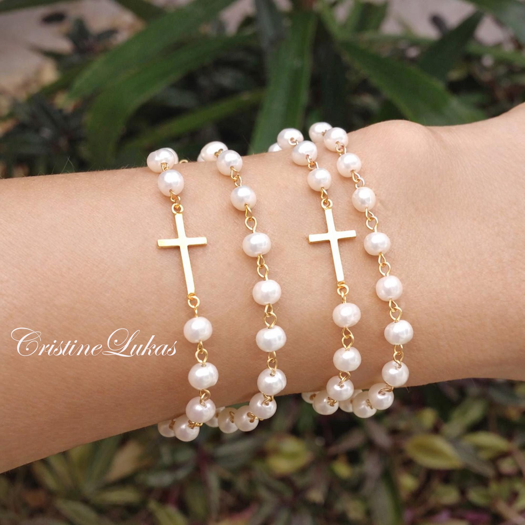 Natural Pearls Bracelet With Sideways Cross, Double String Bracelet in ...