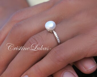 Pearl Ring With Clear CZ Stones - Freshwater White Pearl with Sterling Silver - Large Pearl Ring