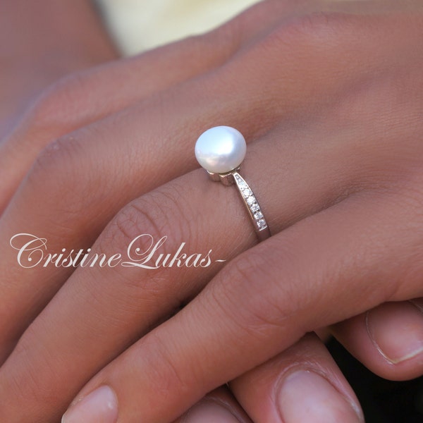 Pearl Ring With Clear CZ Stones - Freshwater White Pearl with Sterling Silver - Large Pearl Ring