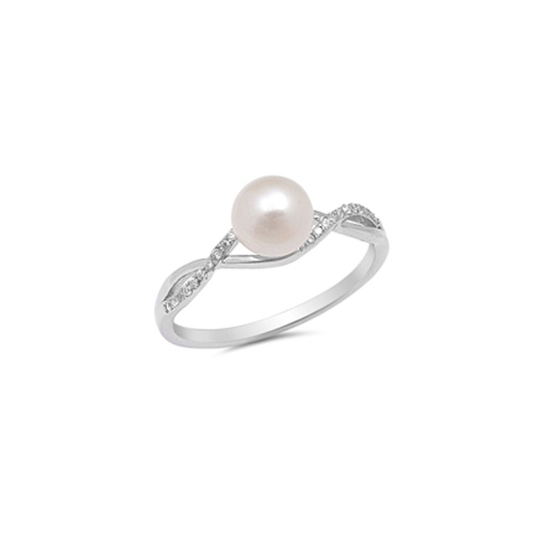 May include: A silver-toned ring featuring a lustrous, round pearl as the centerpiece. The band has a delicate, intertwined design, embellished with small, sparkling stones. The ring is set against a plain white background, highlighting its elegant simplicity.