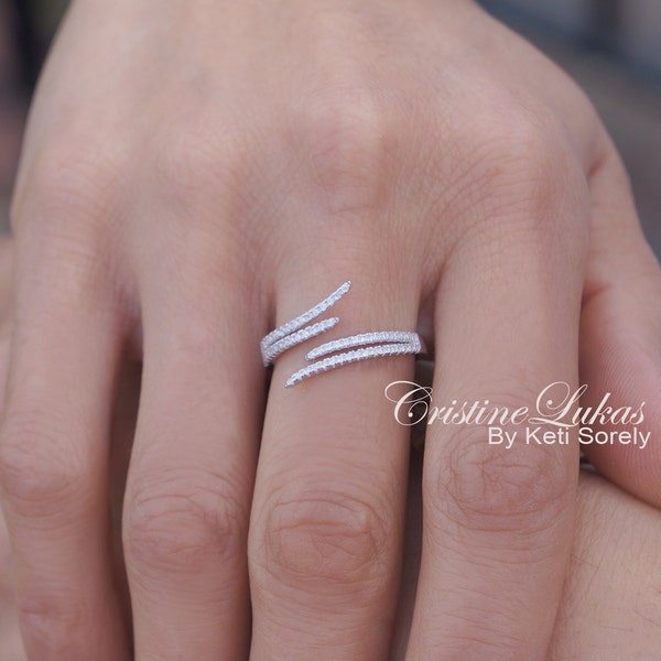 Sterling Silver Double Wrap Ring With Cubic Zirconia Stone - Dainty Stackable Ring For Women - Bypass Ring For Women
