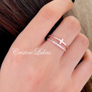 Sideways Cross Ring with CZ Stone Ring Stacking Ring Set with Twist Rope Band Sterling Silver Dainty Cross Ring Set in Yellow or Rose image 3