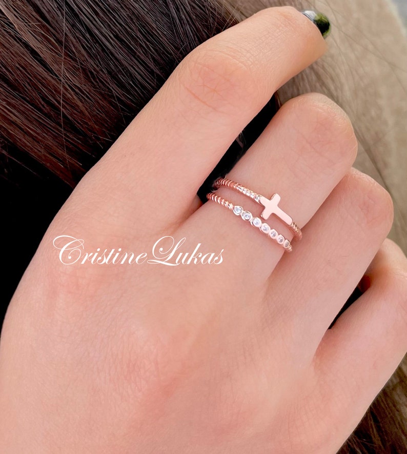Sideways Cross Ring with CZ Stone Ring Stacking Ring Set with Twist Rope Band Sterling Silver Dainty Cross Ring Set in Yellow or Rose image 3