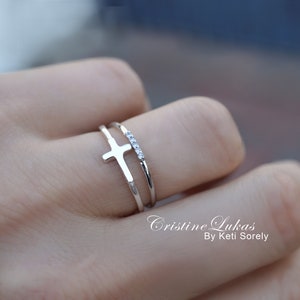 Sideways Cross Ring Set with CZ Band - Dainty Stacking Ring Set in Silver - Religious Jewelry for Kids & Adults