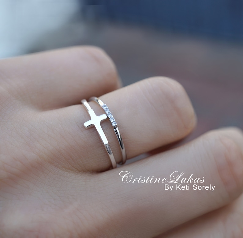 Sideways Cross Ring Set with CZ Band Dainty Stacking Ring Set in Silver Religious Jewelry for Kids & Adults image 1