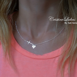 10K, 14K or 18K Soid Gold Sideways Cross Necklace With Engraved Initial Heart For Wife, Girlfriend, Daughter, Faith Inspirational Gilt.