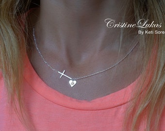 Sideways Cross Necklace With Engraved Initial Heart, Sterling Silver or Solid Karat Gold: White, Yellow or Rose Gold