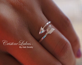 Sideways Arrow Ring - Celebrity Style Double Wrap Arrow Ring - Adjustable Ring - Midi Ring - Sterling Silver or Yellow Gold