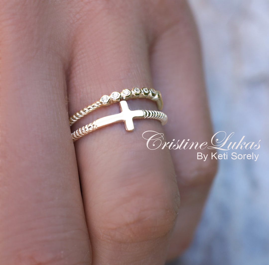 10K, 14K or 18K Solid Gold Stacking Ring Set W/ Sideways Cross & CZ ...