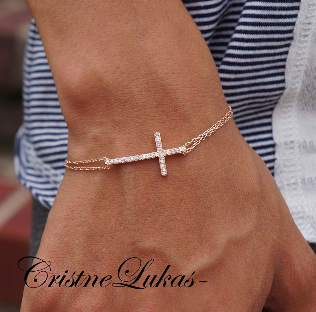 Sideways Cross Bracelet With CZ Stones. Celebrity Style Horizontal