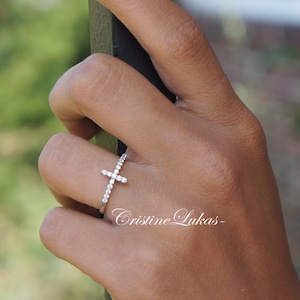 Celebrity Style Sideways Cross Ring With Clear CZ Stones, Sterling Silver, Yellow Gold or Rose Gold Overlay, Stacking Religious Ring.