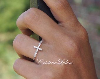 Celebrity Style Sideways Cross Ring With Clear CZ Stones, Sterling Silver, Yellow Gold or Rose Gold Overlay, Stacking Religious Ring.