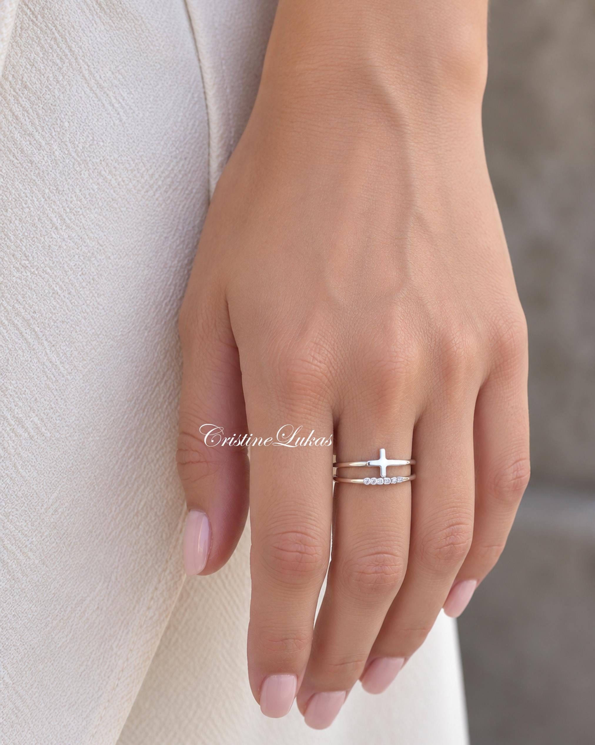 Sideways Cross Ring Set With CZ Stones, Sterling Silver Religious