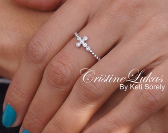 10K, 14K or 18K Gold - Stacking Ring in Yellow, Rose or White Gold, Celebrity Style Sideways Cross Ring With Clear  CZ Stones  Stacking Ring