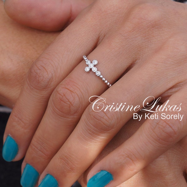 10K, 14K or 18K Gold - Stacking Ring in Yellow, Rose or White Gold, Celebrity Style Sideways Cross Ring With Clear  CZ Stones  Stacking Ring
