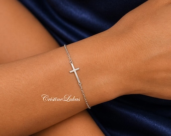 Sideways Cross Bracelet in Sterling Silver, Yellow, Rose Gold, Christening, Confirmation, Faith Inspirational Gift.