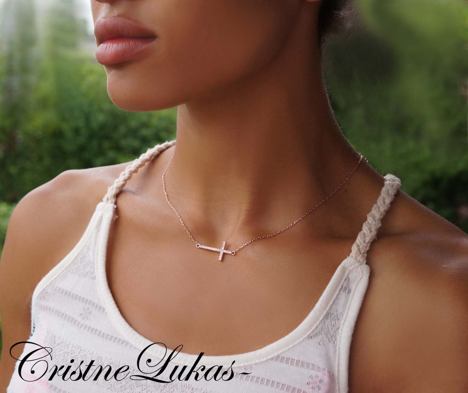 Sideways Cross Necklace Horizontal Cross With Cubic Zirconia