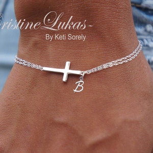 Small Sideways Cross Bracelet with Initial - Sterling Silver, Yellow Gold, White Gold or Rose Gold - Personalized Double Chain Cross