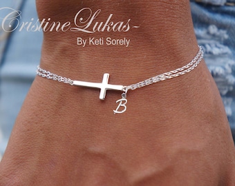 Small Sideways Cross Bracelet With Initial, Sterling Silver