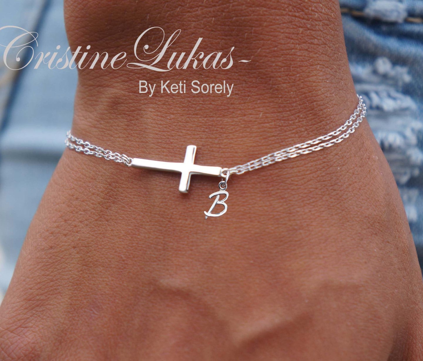 Small Sideways Cross Bracelet With Initial Sterling Silver Yellow