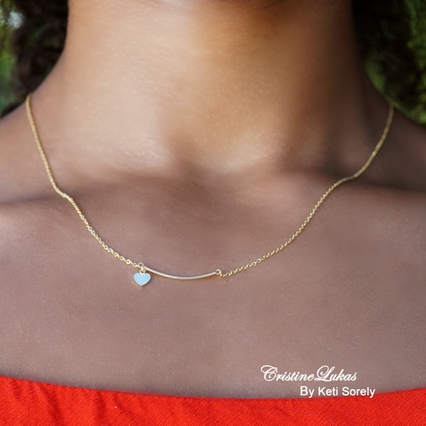 Skinny Gebogen bar met hart bungelen korte ketting - Verkrijgbaar in Solid Gold 10K, 14K en 18K