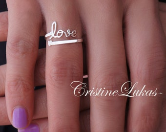 Personalized Name or Expression Ring, Double Wrap Ring "Love"  With By Pass Heart - 10K, 14K or 18K Solid Gold or Sterling Silver
