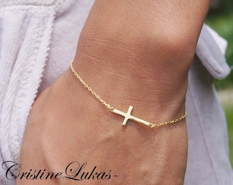 Sideways Cross Bracelet, Horizontal Style Dainty Cross in Sterling Silver, Yellow Gold or Rose Gold, Faith Inspirational Gift, Woman or Girl