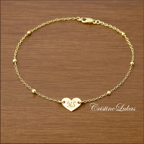 Gold Heart Initial Anklet Yellow Gold Plated Charm Anklet With
