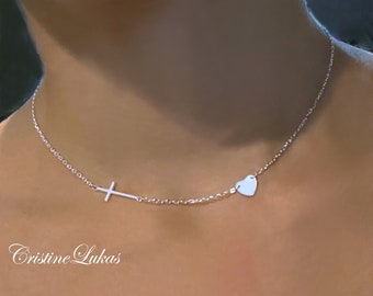 10K, 14K, 18K Solid Gold Heart Necklace with Sideways Cross, Engrave Your Initial, Yellow, Rose or White Gold Dainty Choker.