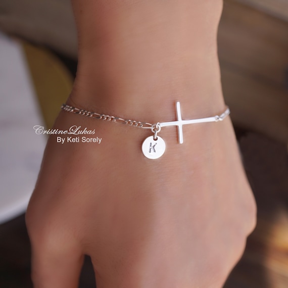 Sideways Cross Bracelet or Anklet W Figaro Chain Engraved