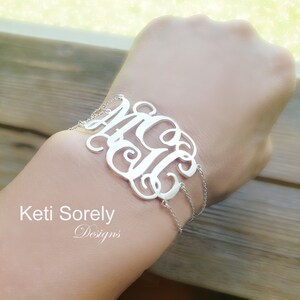 Designer Monogram Bracelet in Sterling Silver or Yellow or Rose Gold Overlay, Initials Bracelet with Triple Chain, Swirly Script Letters image 4