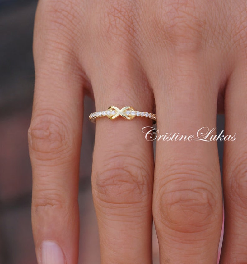 Infinity Ring With Clear CZ Stones Criss Cross Infinity Ring, Stackable Ring Sterling Silver, Yellow Gold or Rose Gold Infinity Ring image 2