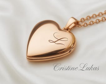 Hand Engraved Heart Locket Necklace With Script Initial in Sterling Silver, Yellow or Rose Gold, Personalized Photo Locket For Woman or Girl