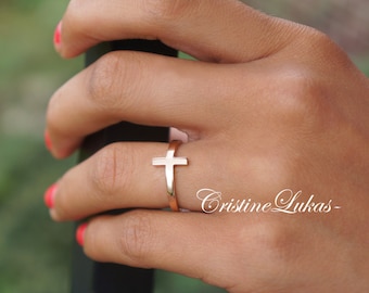 Celebrity Style Sideways Cross Ring Made From Sterling Silver With Optional Yellow Gold or Rose Gold Overlay, Religious Rings.