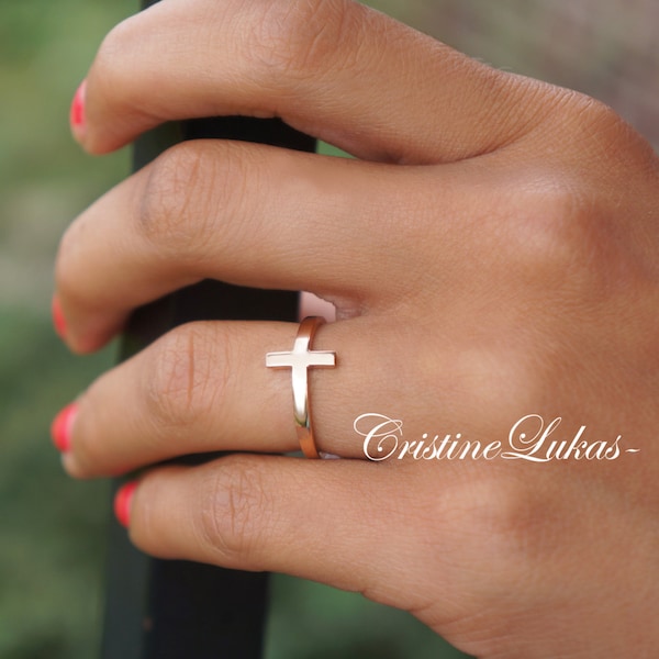 Celebrity Style Sideways Cross Ring Made From Sterling Silver With Optional Yellow Gold or Rose Gold Overlay, Religious Rings.